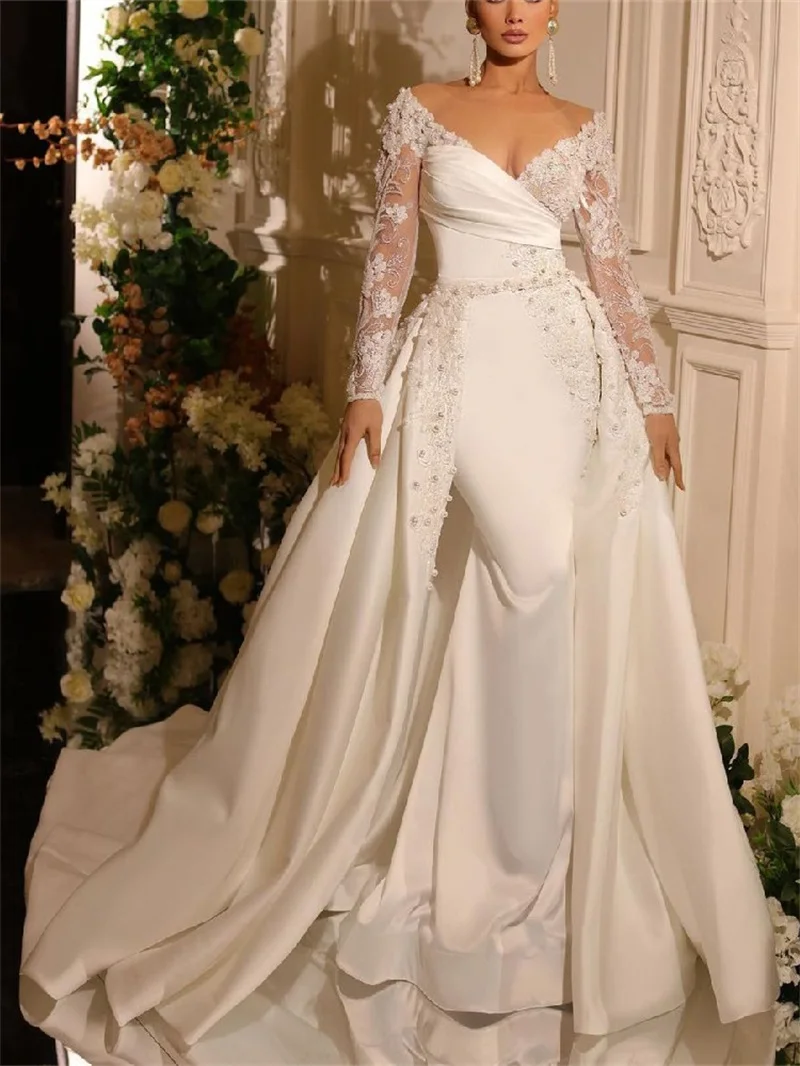 Pearl Ivory Mermaid Wedding Dress Satin Appliqued Bridal Gown Detachable Train Custom Made V Neck Full Sleeves Robe Lace Up Back
Pearl Ivory Mermaid Wedding Dress Satin Appliqued Bridal Gown Detachable Train Custom Made V Neck Full Sleeves Robe Lace Up Back