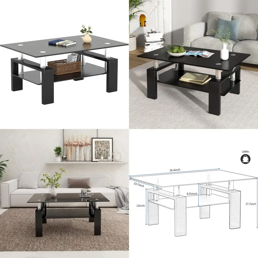 Modern 2-Tier Rectangular Glass Coffee Table with Black Finish for Living Room, Ideal for Contemporary Tea Serving
Modern 2-Tier Rectangular Glass Coffee Table with Black Finish for Living Room, Ideal for Contemporary Tea Serving