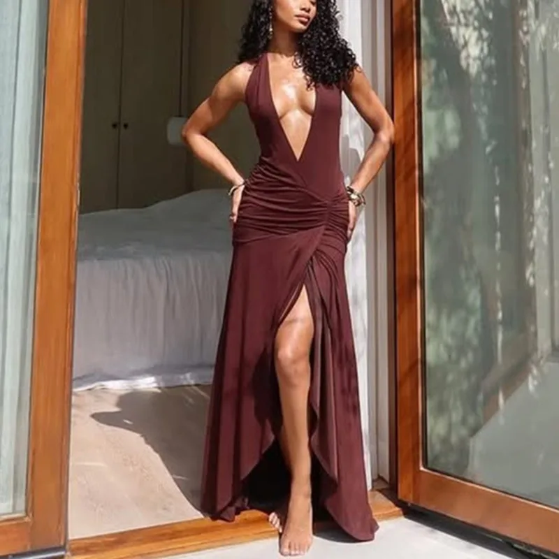 Talenza Vintage Brown Slit Long Dress Women's Sexy Deep V Sleeveless Hollow Neck Long Dress Fashion Party Evening Dress Female
Talenza Vintage Brown Slit Long Dress Women's Sexy Deep V Sleeveless Hollow Neck Long Dress Fashion Party Evening Dress Female