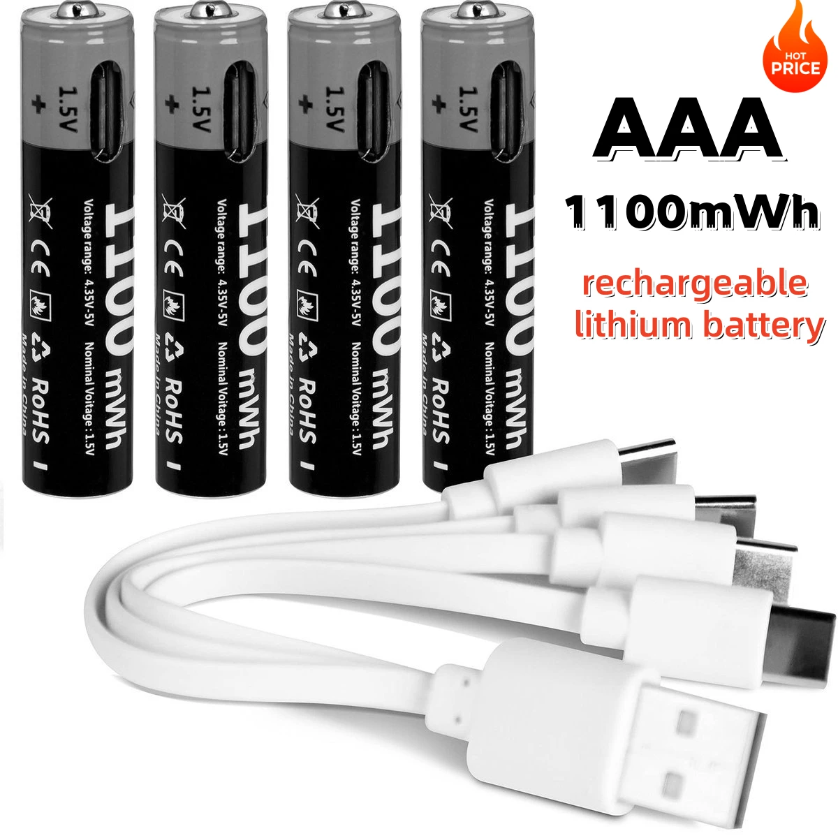 1.5V AAA USB Rechargeable Li-ion Battery 1100mWh with 4-in-1 Cable, for Smart Door Lock, Toy, Camera, Flashlight, Remote Control
1.5V AAA USB Rechargeable Li-ion Battery 1100mWh with 4-in-1 Cable, for Smart Door Lock, Toy, Camera, Flashlight, Remote Control