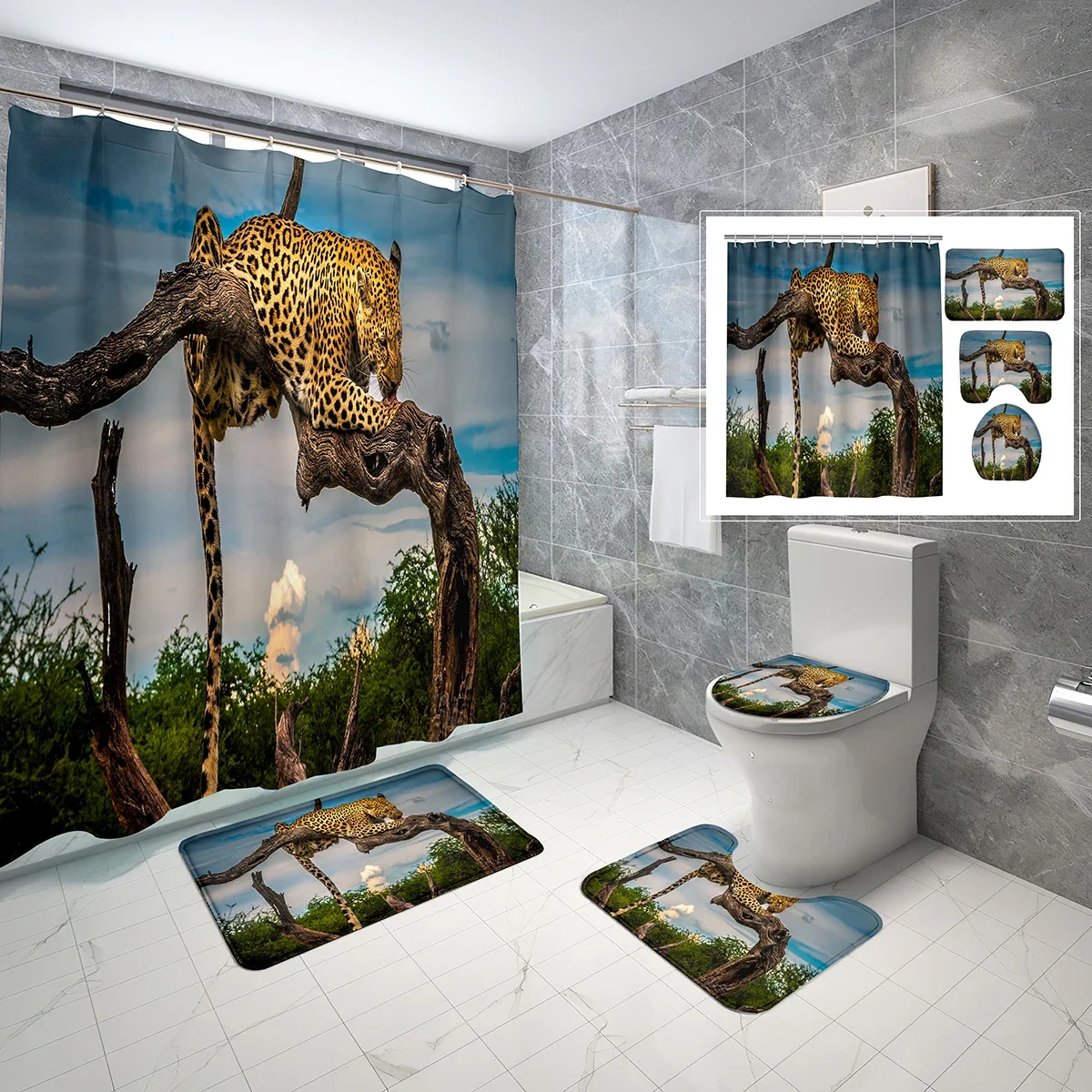 4 Pcs Leopard Shower Curtain Set Nature Wildlife Shower Curtain Bathroom Non-Slip Bath Mat Toilet Cover Shower Curtain Set
4 Pcs Leopard Shower Curtain Set Nature Wildlife Shower Curtain Bathroom Non-Slip Bath Mat Toilet Cover Shower Curtain Set