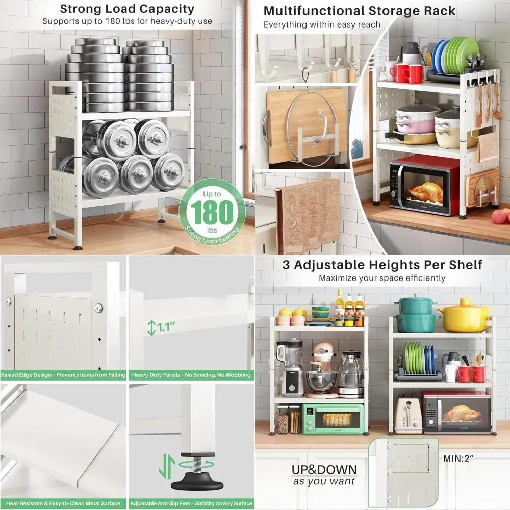 Adjustable 3-Tier Microwave Stand with 9 Hooks, Expandable Shelf for Kitchen Storage, White
Adjustable 3-Tier Microwave Stand with 9 Hooks, Expandable Shelf for Kitchen Storage, White
