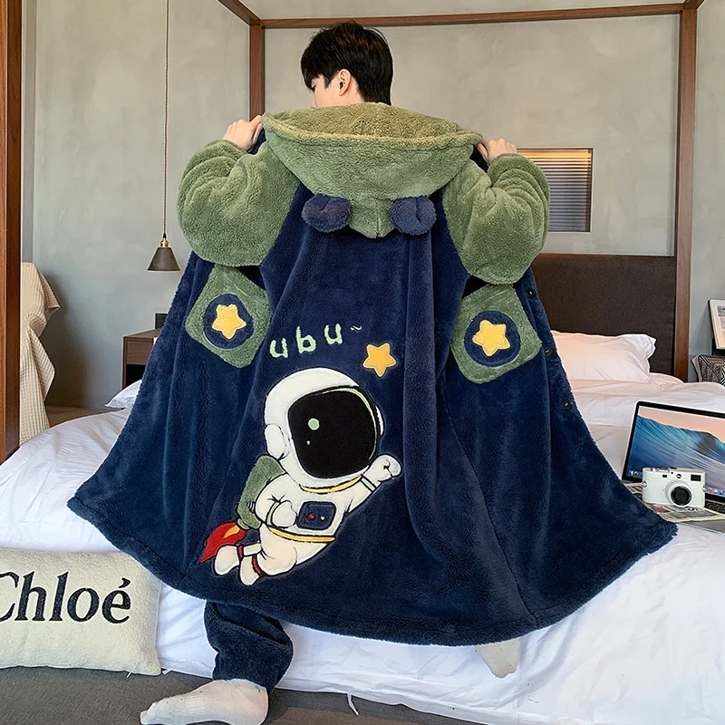 Winter Thicken Robes Men Pajamas 2 Piece Set Hooded Soft Warm Nightgown Sleepwear Astronaut Embroidery Plush Male Home Clothes
Winter Thicken Robes Men Pajamas 2 Piece Set Hooded Soft Warm Nightgown Sleepwear Astronaut Embroidery Plush Male Home Clothes