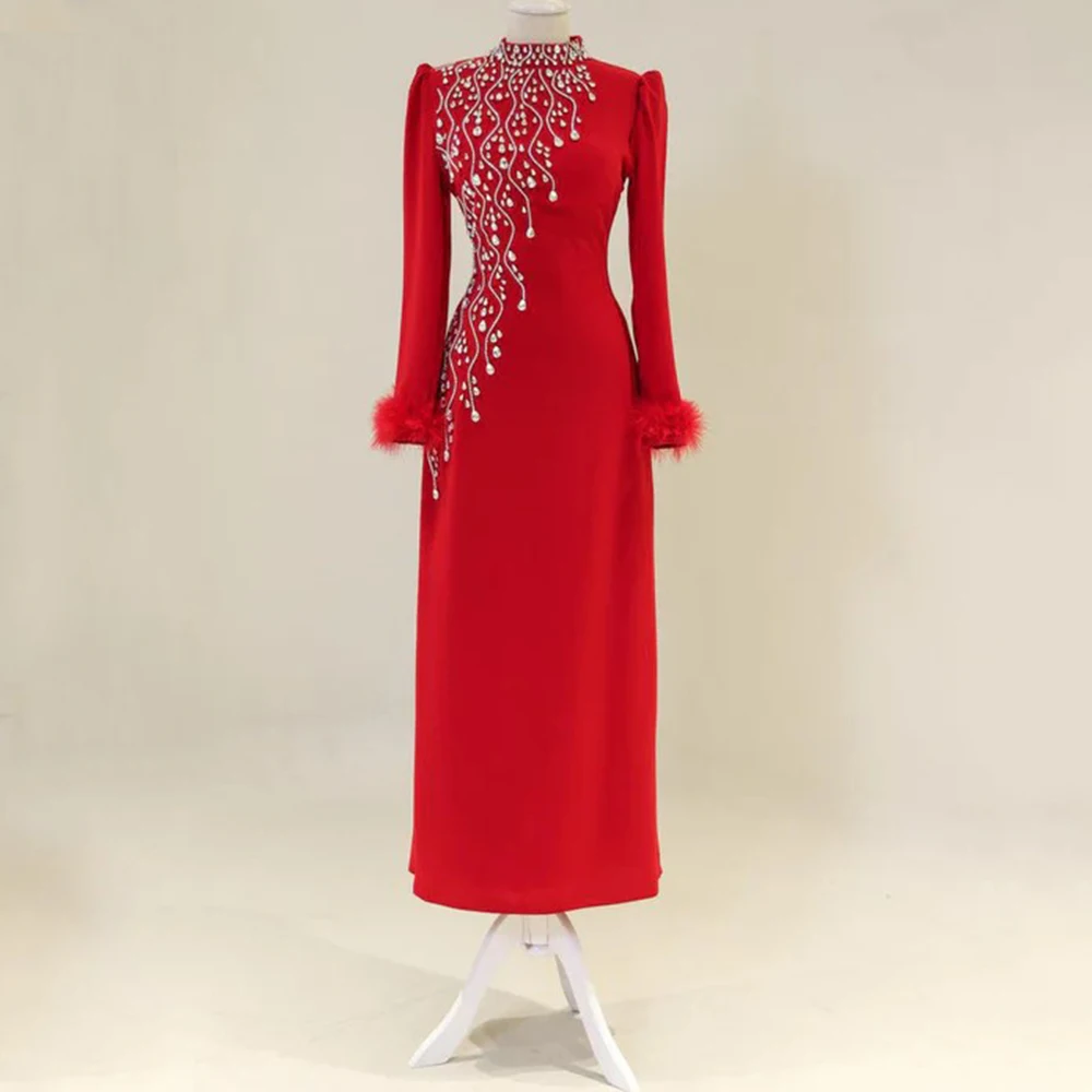 Gorgeous High Neck Evening Dress Women Customized with Beading Crystal and Feather Straight Ankle Length Wedding Party Gown
Gorgeous High Neck Evening Dress Women Customized with Beading Crystal and Feather Straight Ankle Length Wedding Party Gown