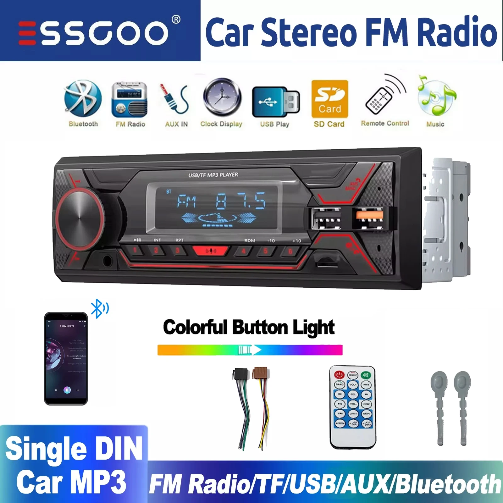 ESSGOO Universal Car Stereo Audio MP3 Radio Player 1 Din SD/USB/AUX Head Unit BT Player In-dash FM USB TF AUX W/ Colorful Lights
ESSGOO Universal Car Stereo Audio MP3 Radio Player 1 Din SD/USB/AUX Head Unit BT Player In-dash FM USB TF AUX W/ Colorful Lights