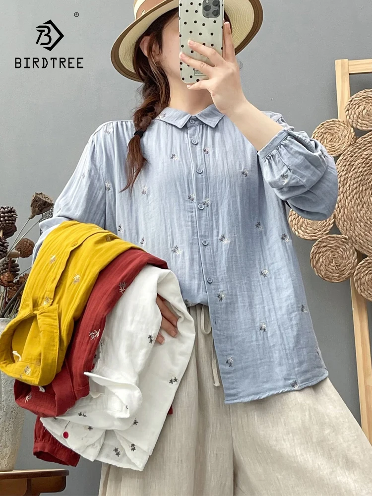 Новинка 2025, осенняя рубашка с длинными рукавами из хлопковой пряжи, женская рубашка с отложным воротником и вышивкой, удобная свободная блузка Mori Girl T59053CC 
Новинка 2025, осенняя рубашка с длинными рукавами из хлопковой пряжи, женская рубашка с отложным воротником и вышивкой, удобная свободная блузка Mori Girl T59053CC