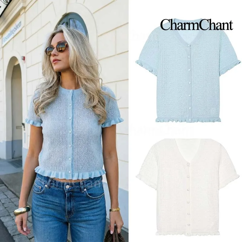 CharmChant Summer Women Ruffle Trim Knit Cardigan Short Sleeve Top Coquette Aesthetic Y2K Crop Blouse French Style Sweet Shirt
CharmChant Summer Women Ruffle Trim Knit Cardigan Short Sleeve Top Coquette Aesthetic Y2K Crop Blouse French Style Sweet Shirt