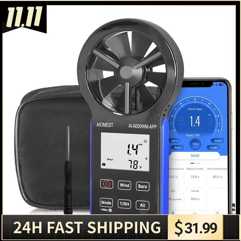 Bluetooth Anemometer - Handheld Wind Speed Meter with Atmospheric Pressure, Temperature, RH, Dew Point, and Wind Chill Measure
Bluetooth Anemometer - Handheld Wind Speed Meter with Atmospheric Pressure, Temperature, RH, Dew Point, and Wind Chill Measure
