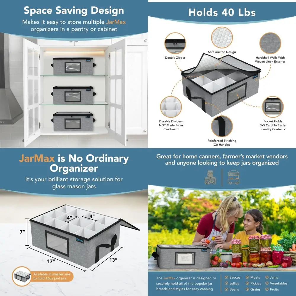 Collapsible 32 oz Quart Mason Jar Holder, Durable Storage for 12 Jars, Stackable Organizer with Lid and Label Space
Collapsible 32 oz Quart Mason Jar Holder, Durable Storage for 12 Jars, Stackable Organizer with Lid and Label Space