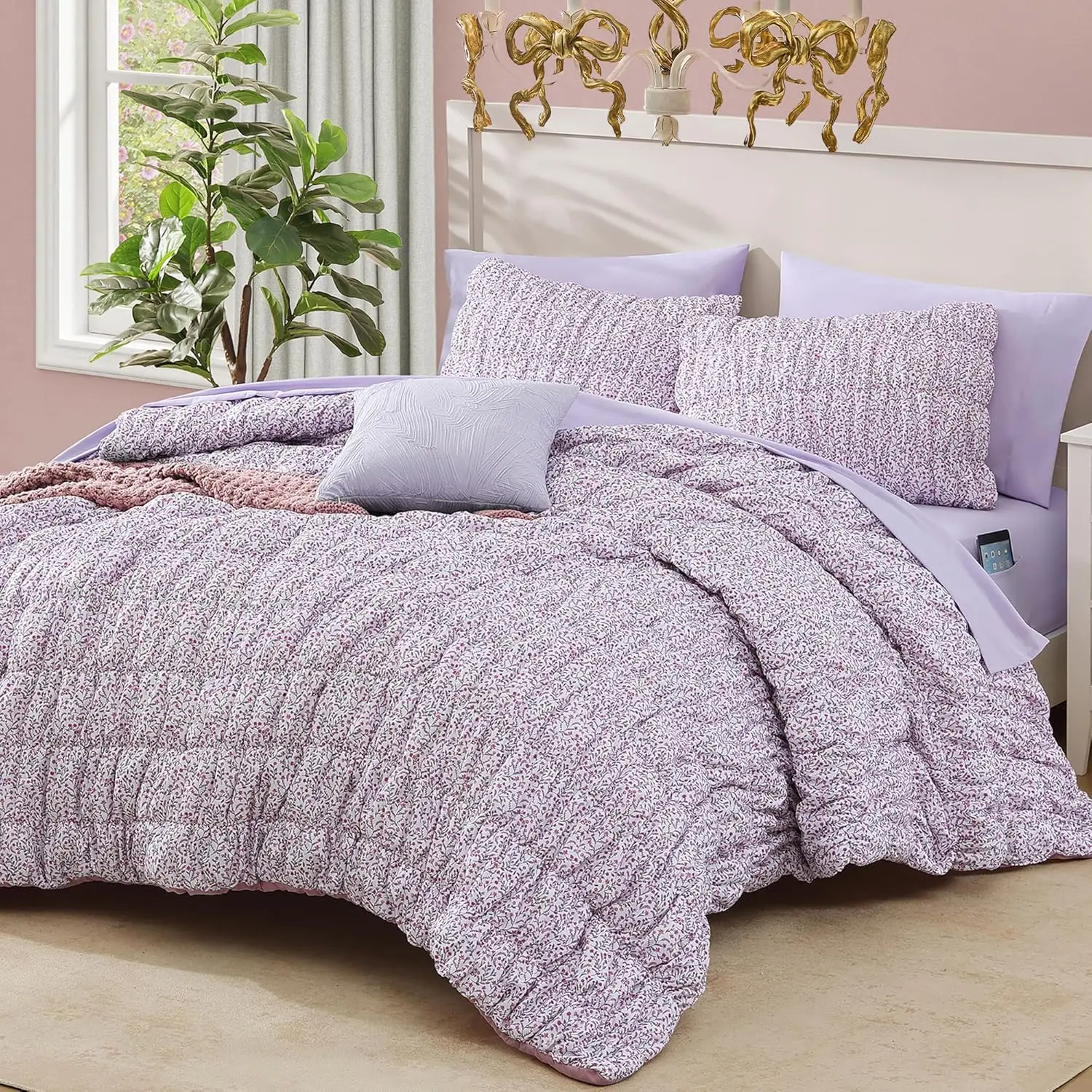 Queen Comforter Set 7 Pieces Light Purple Puff Floral Bedding for All Seasons with Sheets Pillowcases Shams
Queen Comforter Set 7 Pieces Light Purple Puff Floral Bedding for All Seasons with Sheets Pillowcases Shams