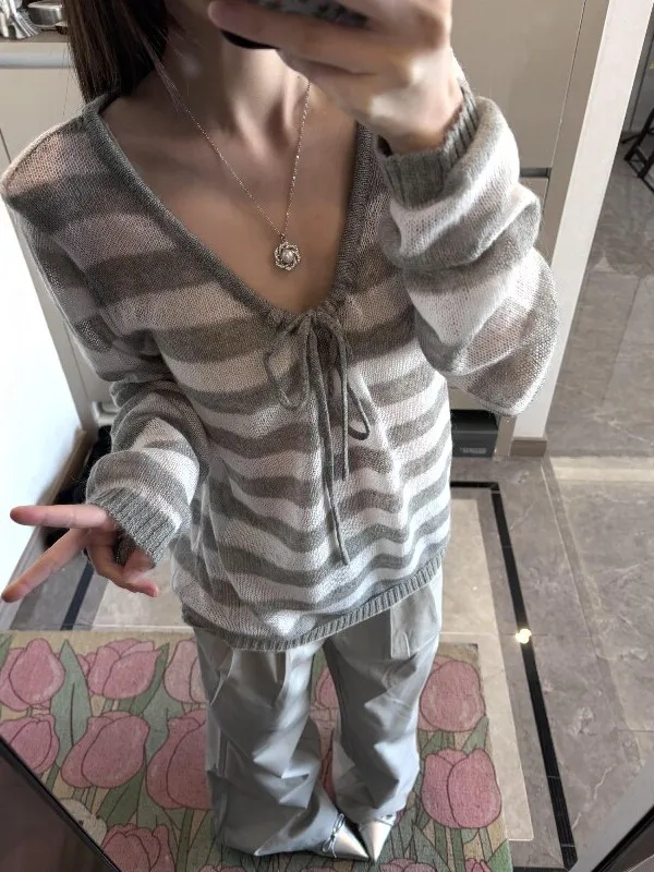 Gray Striped Loose Knitted Sun Protection Women's Top Hollow out Belted Cover up Trendy Spring Summer New Style Sleeve Long
Gray Striped Loose Knitted Sun Protection Women's Top Hollow out Belted Cover up Trendy Spring Summer New Style Sleeve Long