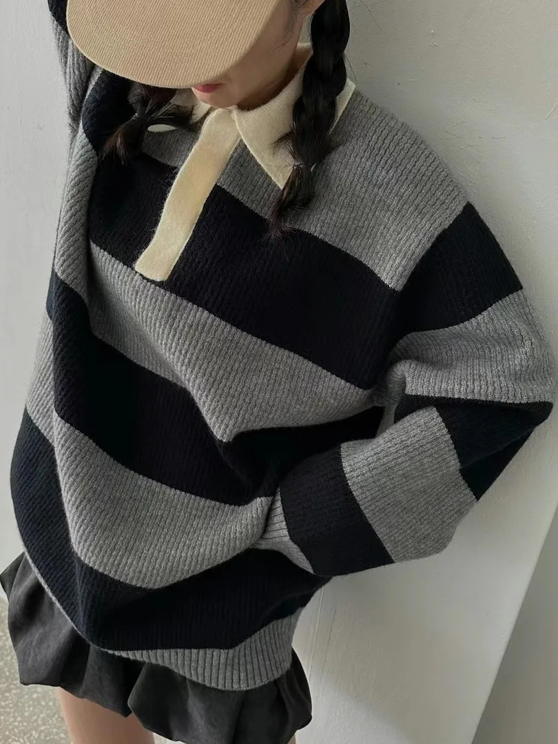Retro Striped Loose Women's Knitted Sweater Chic Fashionable Collared Lazy Style Knitwear Winter Season Shoulder Sleeve
Retro Striped Loose Women's Knitted Sweater Chic Fashionable Collared Lazy Style Knitwear Winter Season Shoulder Sleeve