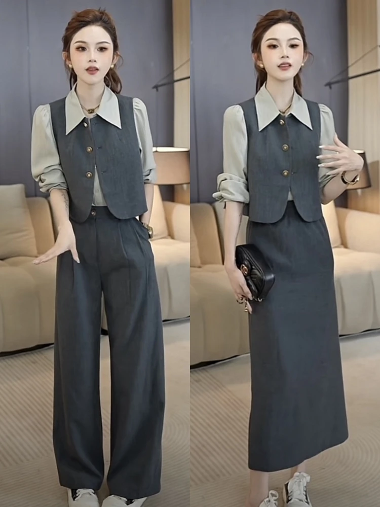 Элегантный женский костюм-двойка с жилетом, длинными рукавами и широкими брюками, высококачественная корейская осенняя коллекция
Элегантный женский костюм-двойка с жилетом, длинными рукавами и широкими брюками, высококачественная корейская осенняя коллекция