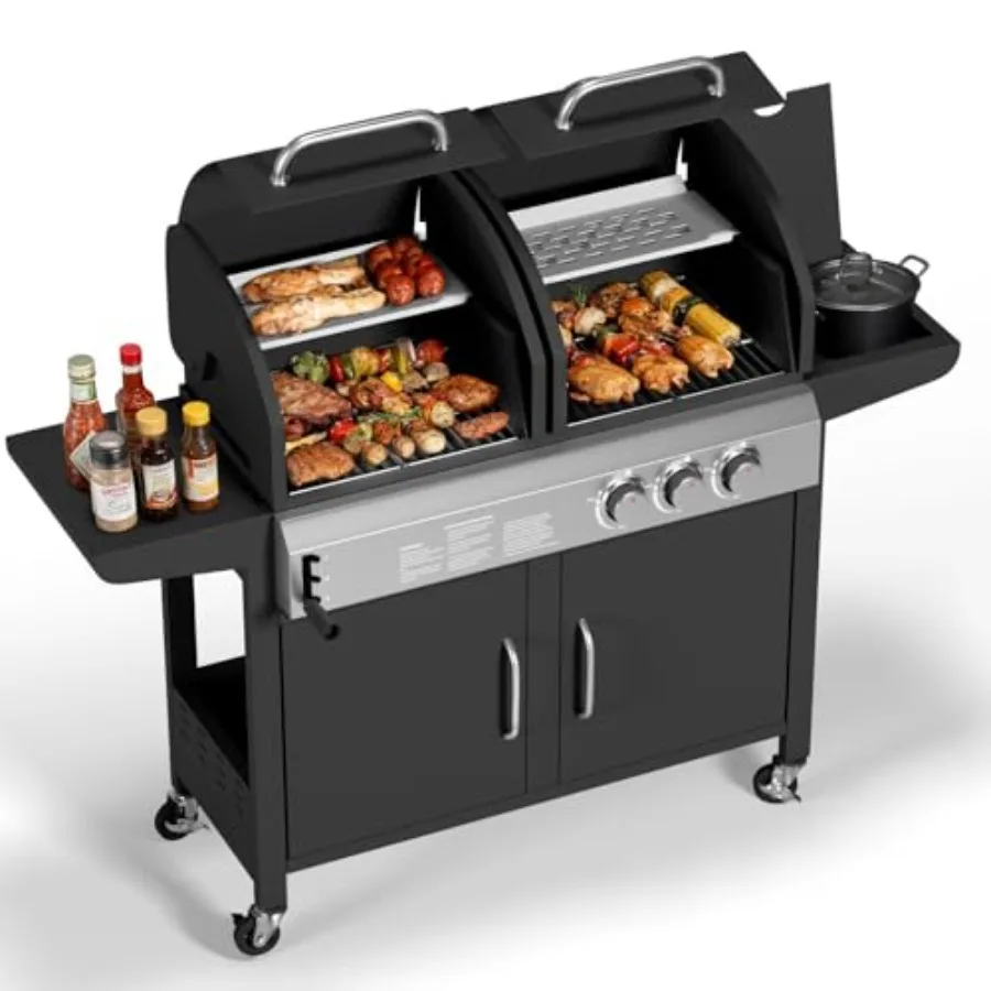 Outdoor 3-burner propane and charcoal grill combo with side burner, stainless steel construction, black finish, dual-fuel versa
Outdoor 3-burner propane and charcoal grill combo with side burner, stainless steel construction, black finish, dual-fuel versa