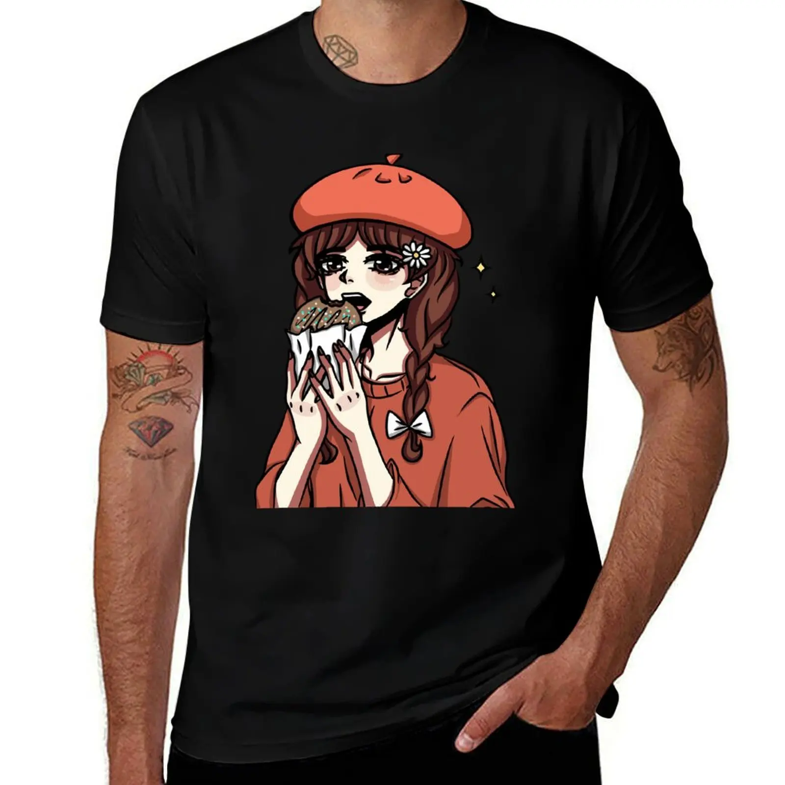 Anime style girl holding a cookie in her hands. On her head is a red beret, chamomile and a white bow on her pigtail. T-Shirt
Anime style girl holding a cookie in her hands. On her head is a red beret, chamomile and a white bow on her pigtail. T-Shirt