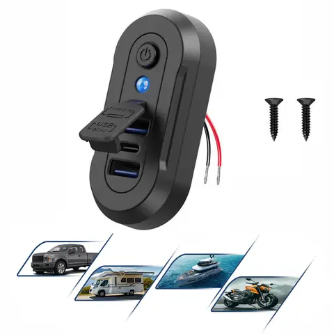 3-Ports USB Charger Socket Dual 18W QC3.0 & 36W PD3.0 12/24V Car Bus Boats Vehicle Universal Waterproof Charger Power Adapter