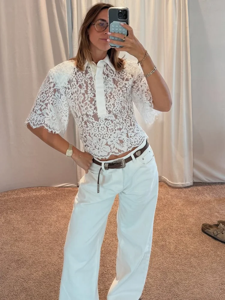 Fashion Women Lace See Through Shirt Elegant Lapel Half Flared Sleeve Single Breasted Crop Shirts 2026 New Lady Commute Blouses
Fashion Women Lace See Through Shirt Elegant Lapel Half Flared Sleeve Single Breasted Crop Shirts 2026 New Lady Commute Blouses