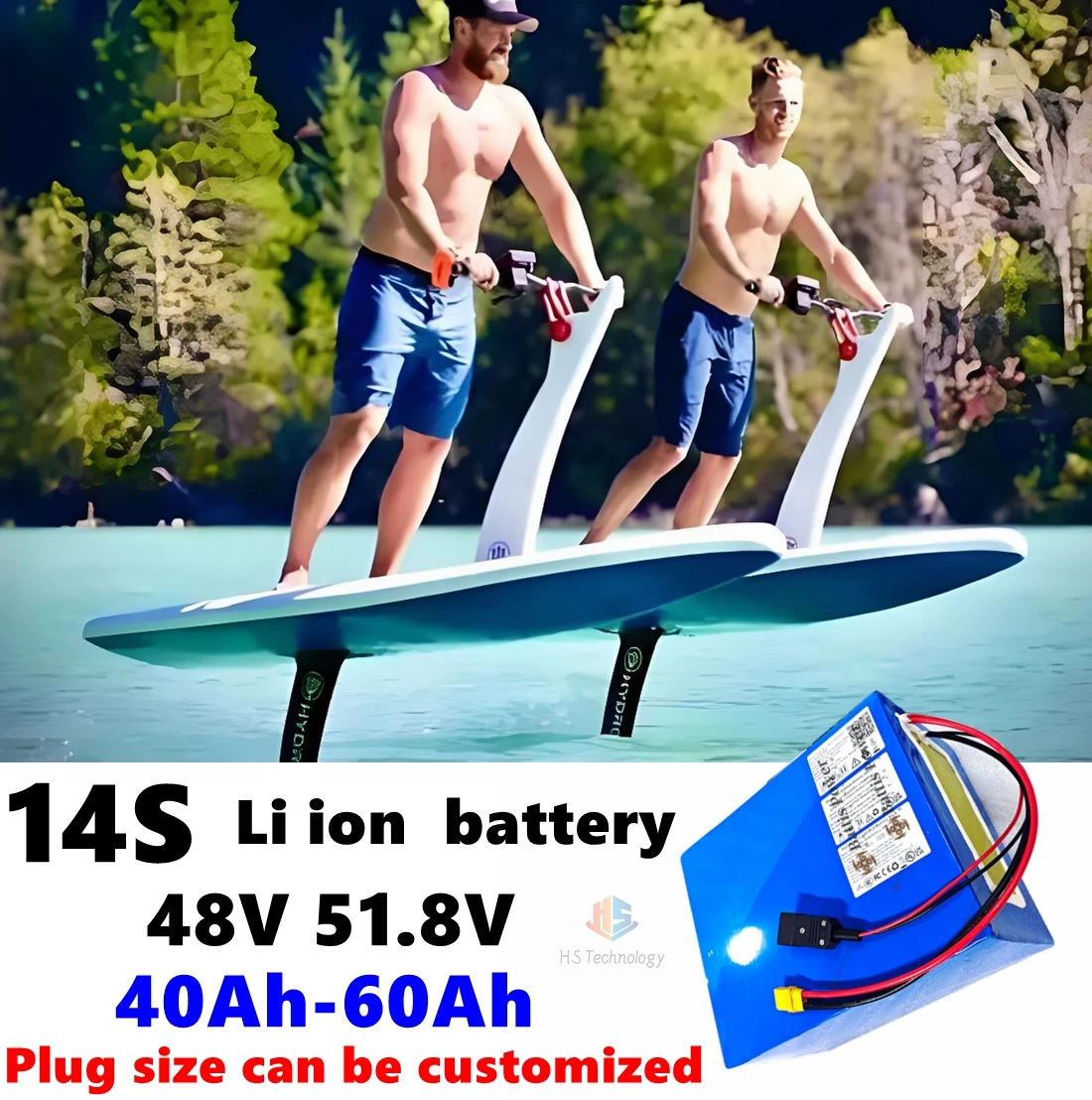 48V 51.8V 50ah 60ah 14S Lithium ion battery for Efoil EVsurfboard surfing board entertainment SeaScooter hydrofoil jet board
48V 51.8V 50ah 60ah 14S Lithium ion battery for Efoil EVsurfboard surfing board entertainment SeaScooter hydrofoil jet board