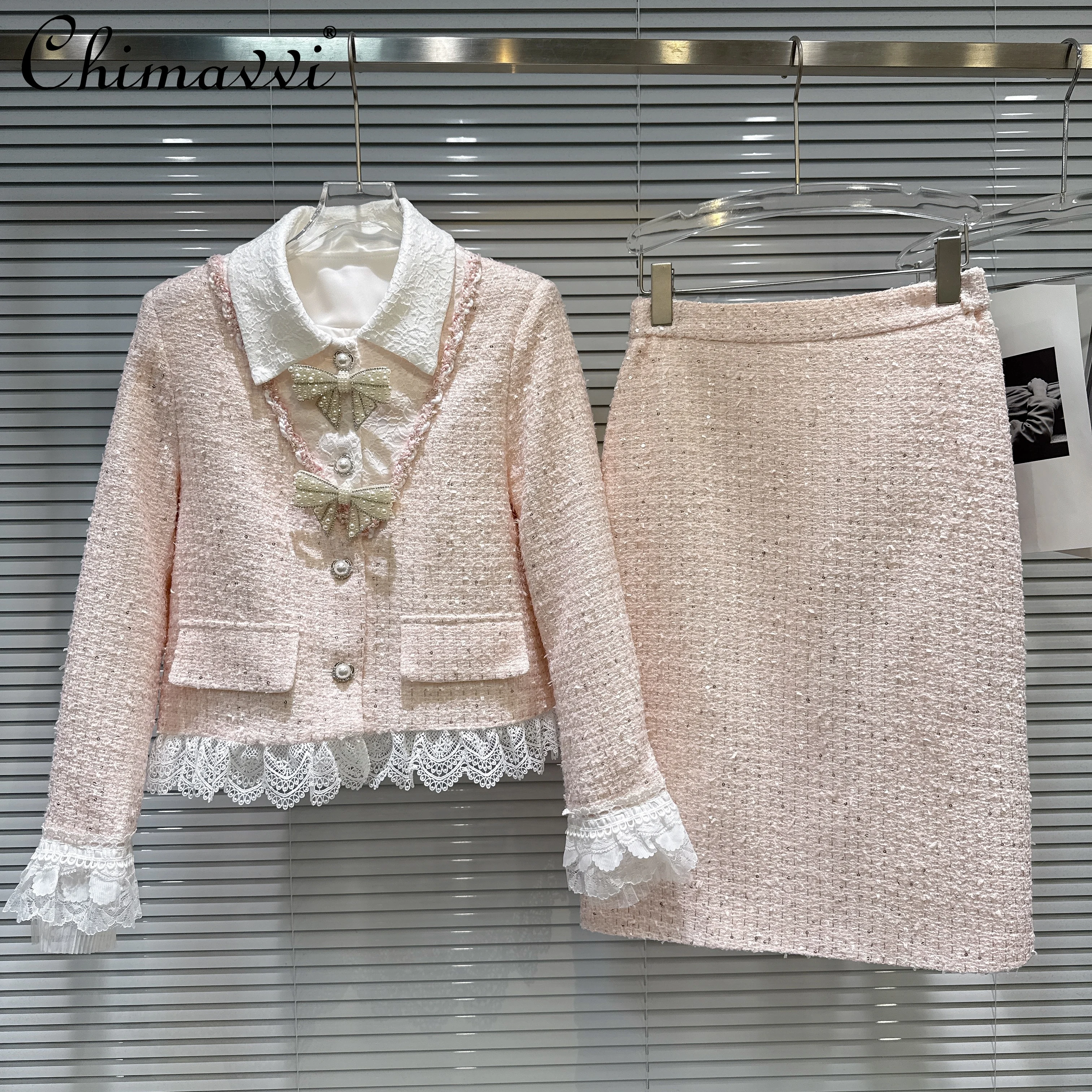 French Style Elegant Socialite Sweet Pearl Bow Tie Down Short Jackets High Waist Slim Tweed Skirt Two-Piece Set for Women Winter
French Style Elegant Socialite Sweet Pearl Bow Tie Down Short Jackets High Waist Slim Tweed Skirt Two-Piece Set for Women Winter
