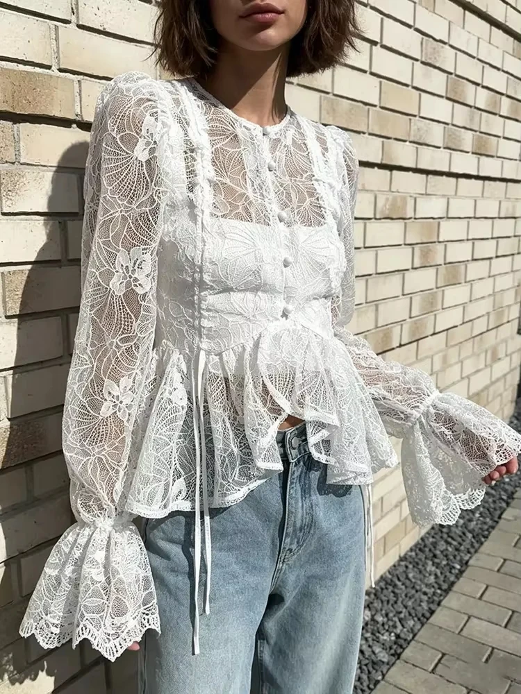 2026 Women Ruffle Flare Sleeve Lace Blouse Tie Waist Button Front Cropped Sheer Top
2026 Women Ruffle Flare Sleeve Lace Blouse Tie Waist Button Front Cropped Sheer Top