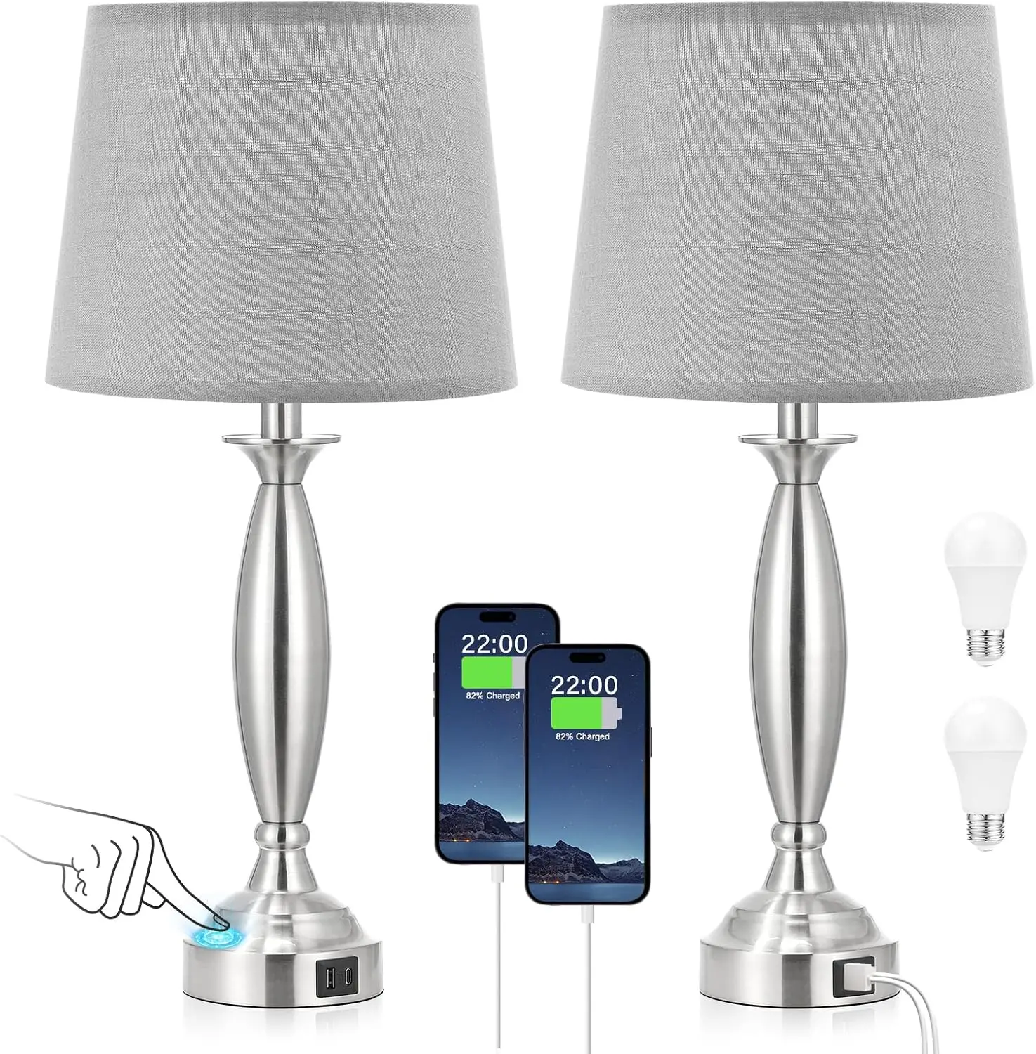 Touch Bedside Lamp Set of 2 with USB C+A, 3-Way Dimmable Nightstand Lamps, Brushed Nickel Table Lamps for Living Room, Bedroom, End Table (Mottled Gray)
Touch Bedside Lamp Set of 2 with USB C+A, 3-Way Dimmable Nightstand Lamps, Brushed Nickel Table Lamps for Living Room, Bedroom, End Table (Mottled Gray)