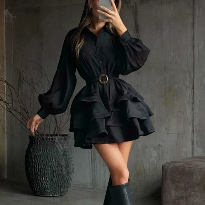 TARUXY Elegant Black Dress Women's Spring New Lapel Collar Long Sleeves Single-Breasted Belt Puffy Dress Female Commuting Dress
TARUXY Elegant Black Dress Women's Spring New Lapel Collar Long Sleeves Single-Breasted Belt Puffy Dress Female Commuting Dress
