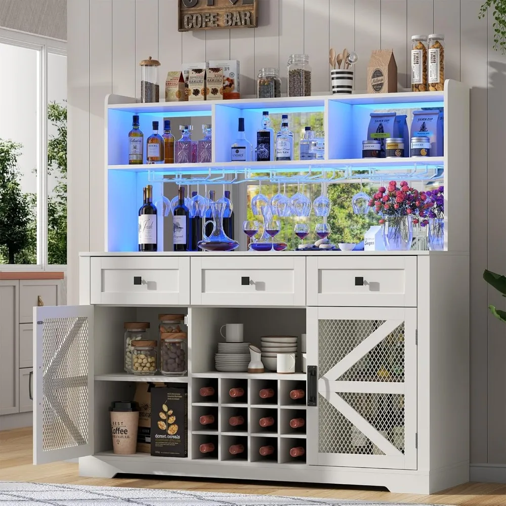 Farmhouse Wine Bar Cabinet with LED Lights, Kitchen Coffee Bar Cabinet with Acrylic Mirror, Wine & Glass Rack, Storage Shelves a
Farmhouse Wine Bar Cabinet with LED Lights, Kitchen Coffee Bar Cabinet with Acrylic Mirror, Wine & Glass Rack, Storage Shelves a
