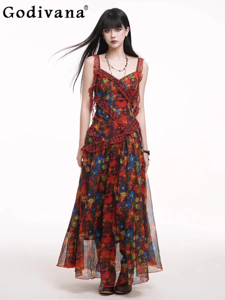 Summer New Chic Red Floral Ruffles V-neck Suspender Dress Sweet Cool Girls Seaside Vacation A-line High Waist Long Fairy Dresses
Summer New Chic Red Floral Ruffles V-neck Suspender Dress Sweet Cool Girls Seaside Vacation A-line High Waist Long Fairy Dresses