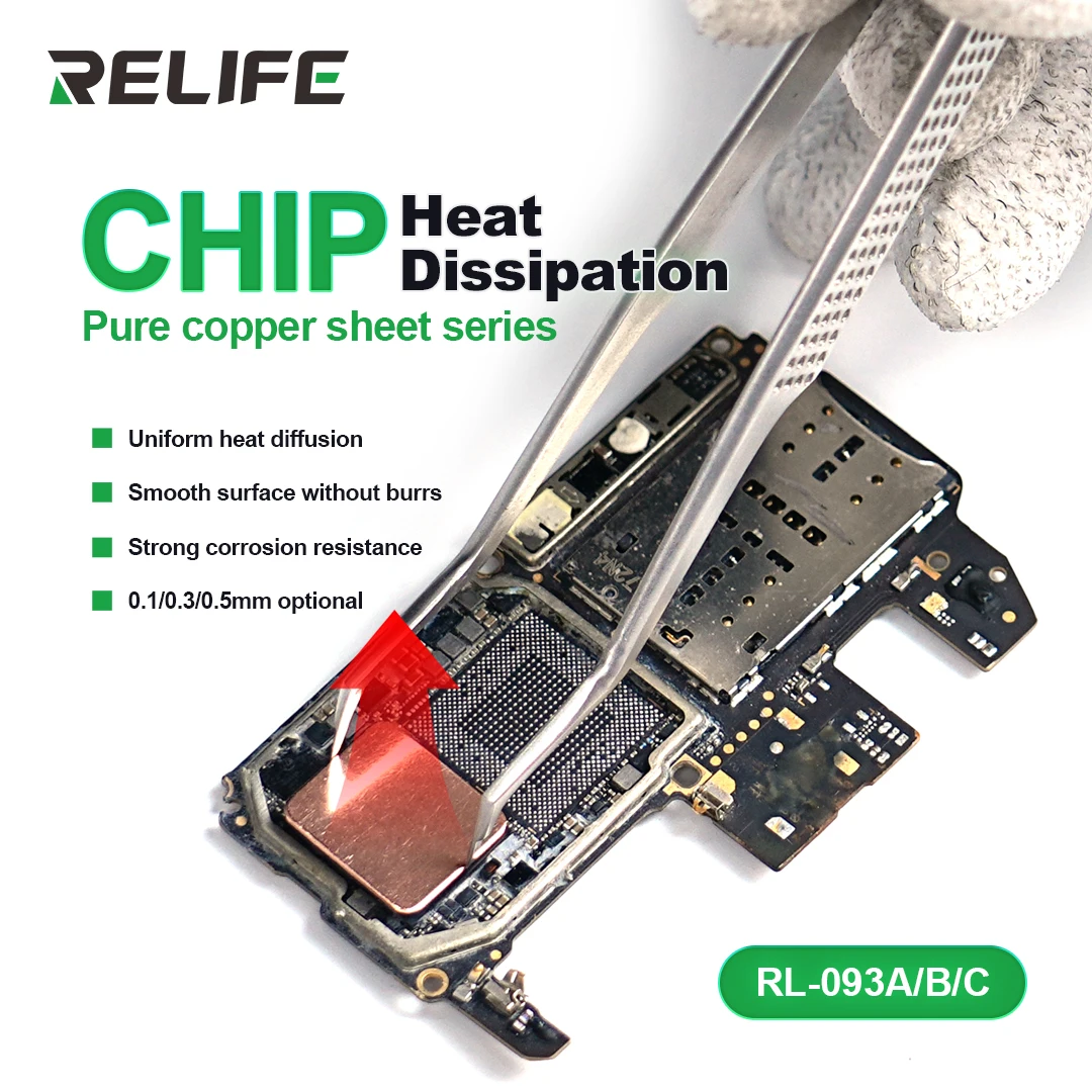 RELIFE RL-093 0.1/0.3/0.5mm 50pcs Copper Slice Radiator Copper Shim Heatsink thermal Pad for Mobile Phone Chip
RELIFE RL-093 0.1/0.3/0.5mm 50pcs Copper Slice Radiator Copper Shim Heatsink thermal Pad for Mobile Phone Chip