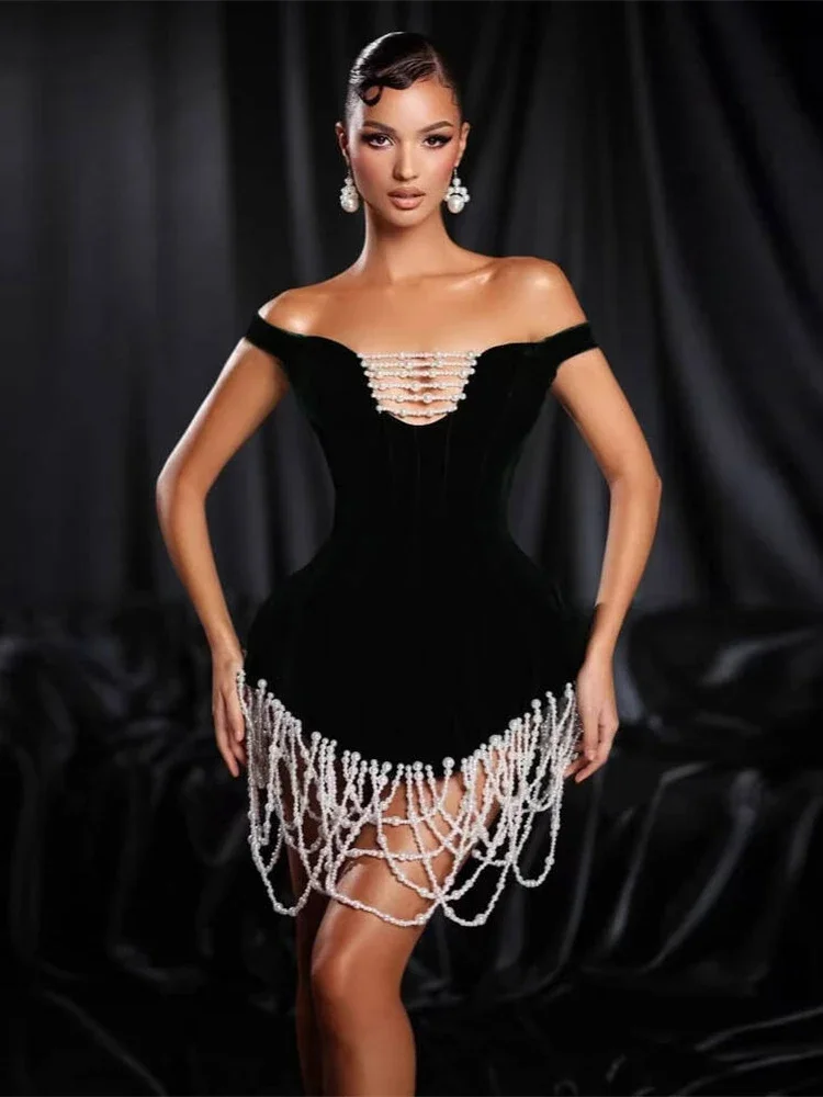 Sexy Off-Shoulder Pearl Tassel Bandage Dress Women Black Slash Neck Beaded Mini Bodycon Dresses Evening Party Gowns
Sexy Off-Shoulder Pearl Tassel Bandage Dress Women Black Slash Neck Beaded Mini Bodycon Dresses Evening Party Gowns