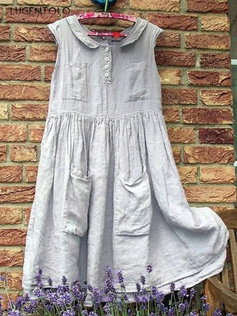 Lugentolo Women Cute Shirt Dress Vintage Linen Loose Big Swing Solid Sleeveless Lady Casual Pullover Pocket Sweet Pullover Cloth
Lugentolo Women Cute Shirt Dress Vintage Linen Loose Big Swing Solid Sleeveless Lady Casual Pullover Pocket Sweet Pullover Cloth