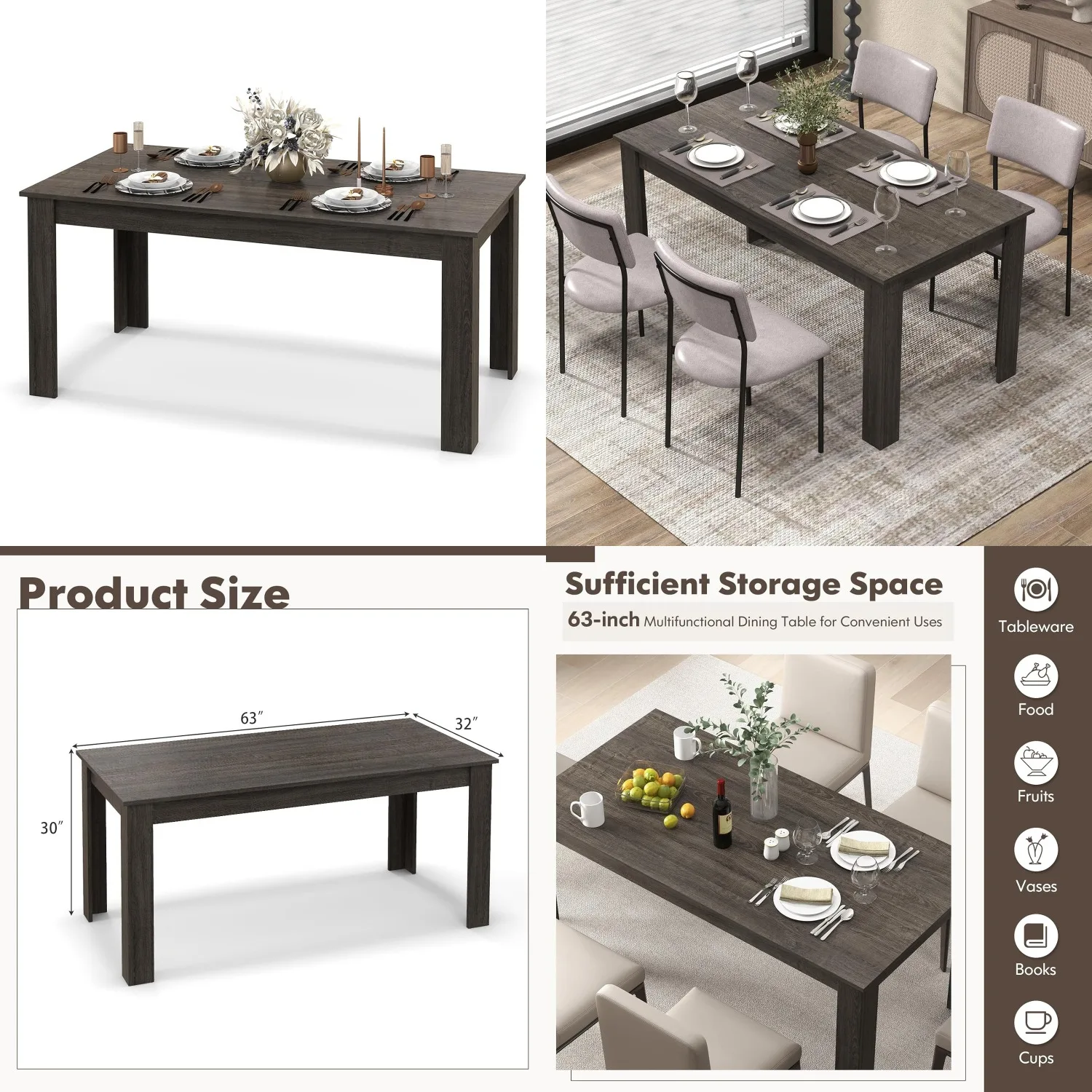 63" Rectangular Dining Table L-Shaped Legs 330lb Load Kitchen Dining Room Living Room Dark Grey Customized
63" Rectangular Dining Table L-Shaped Legs 330lb Load Kitchen Dining Room Living Room Dark Grey Customized