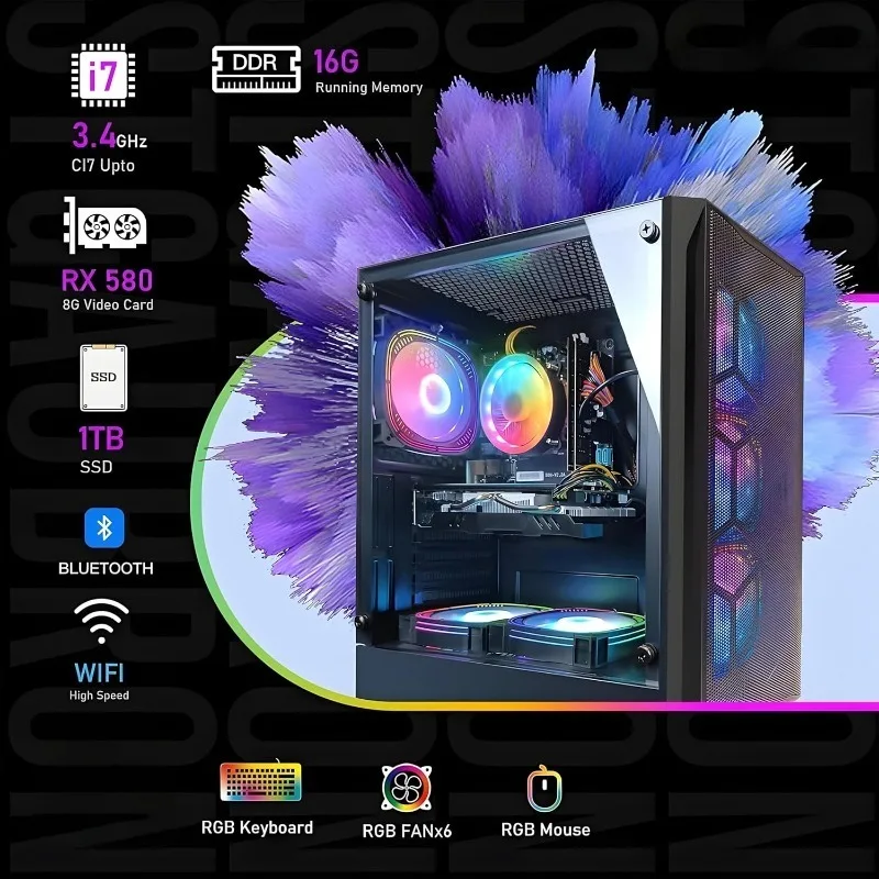 Gaming Desktop PC, RX 580 8G GDDR5, Intel Core i7 up to 3.9G, 16G RAM, 1T SSD, 600M WiFi, BT 5.0, RGB Fan x6
Gaming Desktop PC, RX 580 8G GDDR5, Intel Core i7 up to 3.9G, 16G RAM, 1T SSD, 600M WiFi, BT 5.0, RGB Fan x6