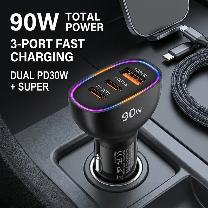 90W Type C Car Charger Adapter 3 Ports Dual 30W PD 30W USB A Fast Charging Auto Socket with Ambient Light For Vehicle For iPhone
90W Type C Car Charger Adapter 3 Ports Dual 30W PD 30W USB A Fast Charging Auto Socket with Ambient Light For Vehicle For iPhone