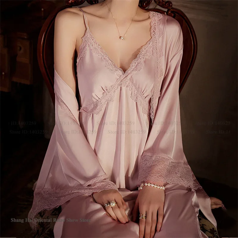 Female Long Twinset Robe Set Nightgown Elegant French Style Sleepwear Night Dress Home Clothes Sext Satin Homewear Lounge Wear
Female Long Twinset Robe Set Nightgown Elegant French Style Sleepwear Night Dress Home Clothes Sext Satin Homewear Lounge Wear