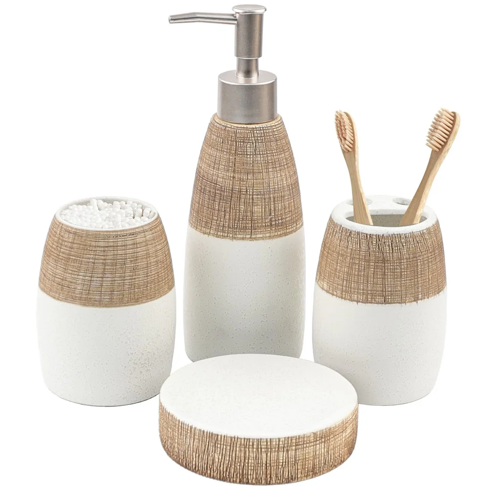 4 Pcs Brown White Ceramic Bathroom Accessories Set Includes Toothbrush Holder, Toothbrush Cup, Soap Dish, Countertop Decor
4 Pcs Brown White Ceramic Bathroom Accessories Set Includes Toothbrush Holder, Toothbrush Cup, Soap Dish, Countertop Decor