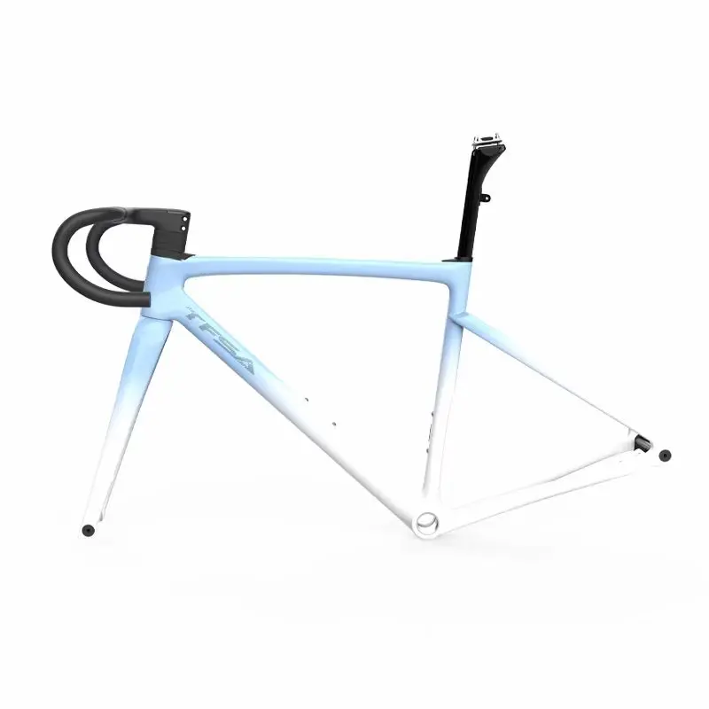 TFSA JH33 disc brake fully carbon road bike frame with baked paint finish; features an inner lining and a handlebar assembly.
TFSA JH33 disc brake fully carbon road bike frame with baked paint finish; features an inner lining and a handlebar assembly.