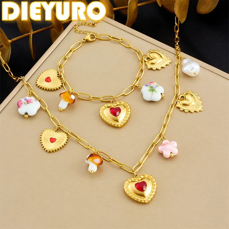 DIEYURO 316L Stainless Steel Red Zircon Inlay Heart Pearl Flower Pendant Necklace Bracelet Set Lady New Fashion Jewelry Glamorou
DIEYURO 316L Stainless Steel Red Zircon Inlay Heart Pearl Flower Pendant Necklace Bracelet Set Lady New Fashion Jewelry Glamorou