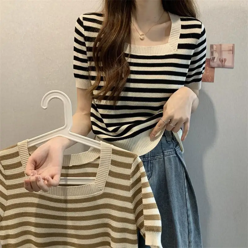 Summer Women Striped Square Neck Casual Top Versatile Loose Short Sleeve Shirts Female Blouse Summer Retro Slim Clothing Z489
Summer Women Striped Square Neck Casual Top Versatile Loose Short Sleeve Shirts Female Blouse Summer Retro Slim Clothing Z489