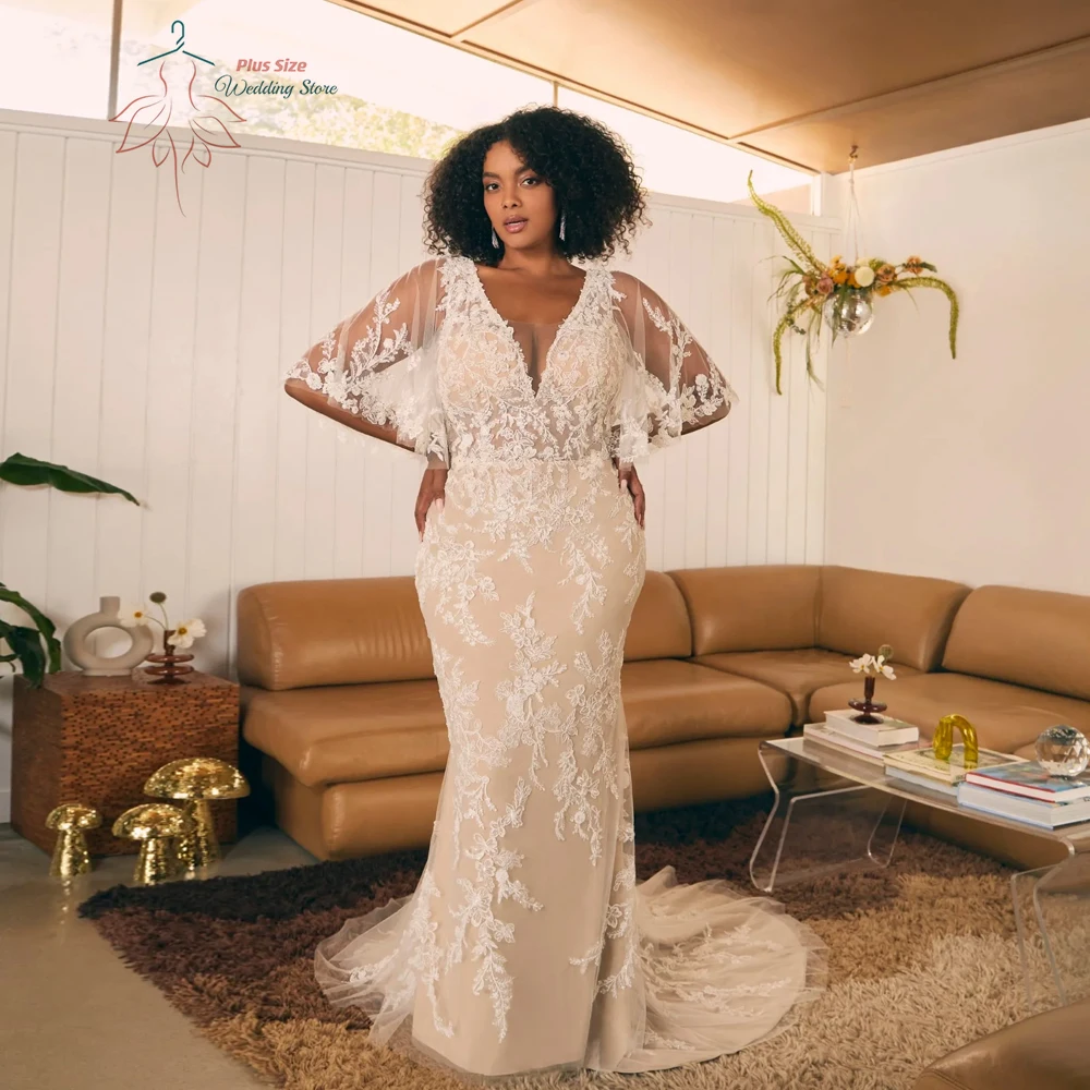 Pastrol Wedding Dresses Plus Size V Neck Half Sleeves Bride Gowns Appliques Sweep Train Tiered Tulle Mermaid Robe De Mariee 2025
Pastrol Wedding Dresses Plus Size V Neck Half Sleeves Bride Gowns Appliques Sweep Train Tiered Tulle Mermaid Robe De Mariee 2025