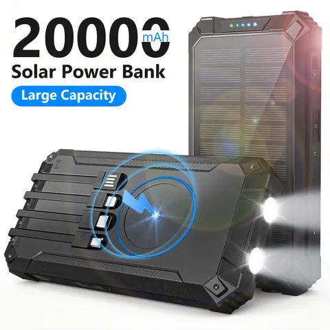 20000mAh Banco de energia solar portátil Carregamento sem fio 18W Luzes LED duplas 4 Carregamento embutido para telefones iPhone Android AirPods