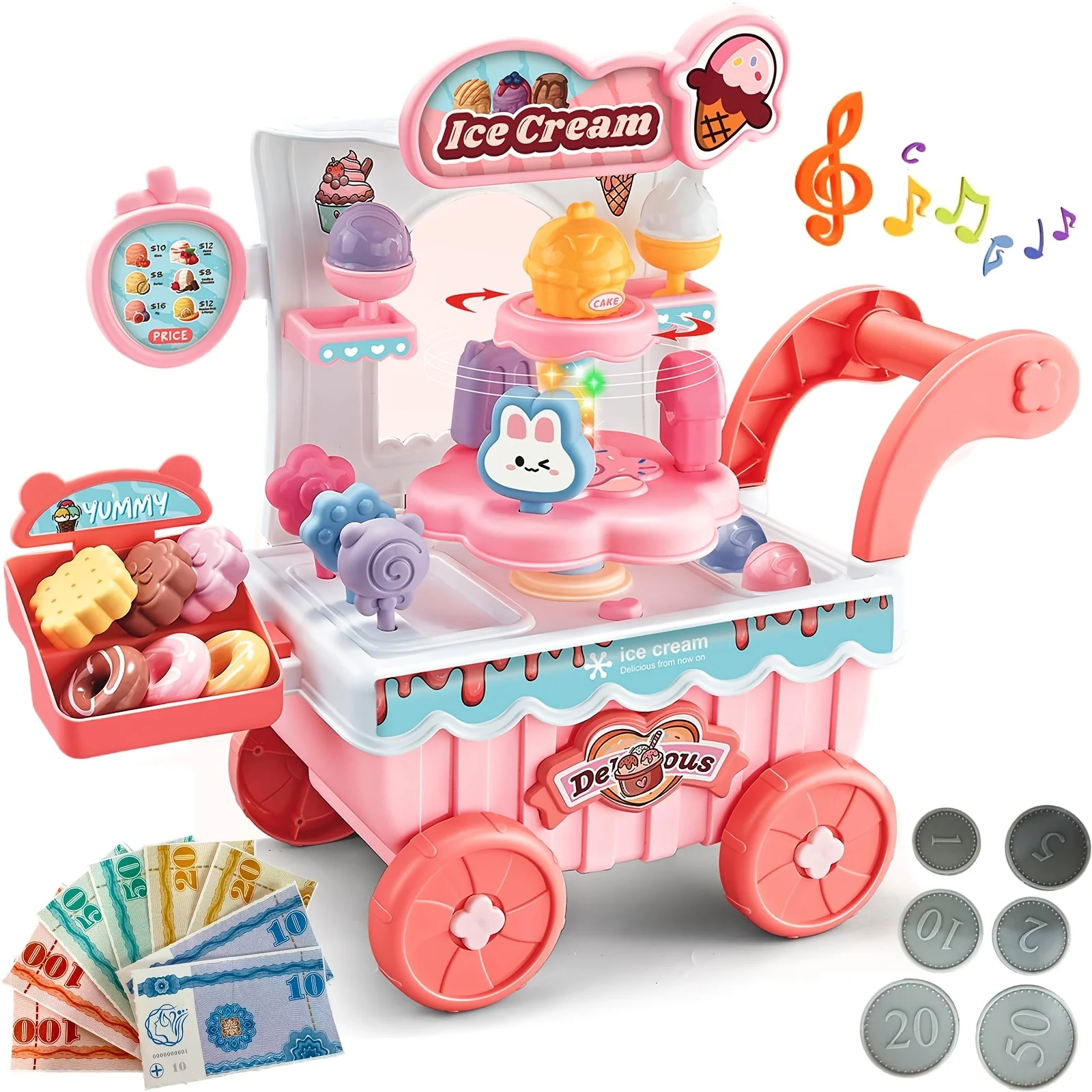 Kids Pretend Play Ice Cream Cart Toy with Music Lights Rotating Dessert Shop Kitchen Toy Gift for Girls 3-6
Kids Pretend Play Ice Cream Cart Toy with Music Lights Rotating Dessert Shop Kitchen Toy Gift for Girls 3-6