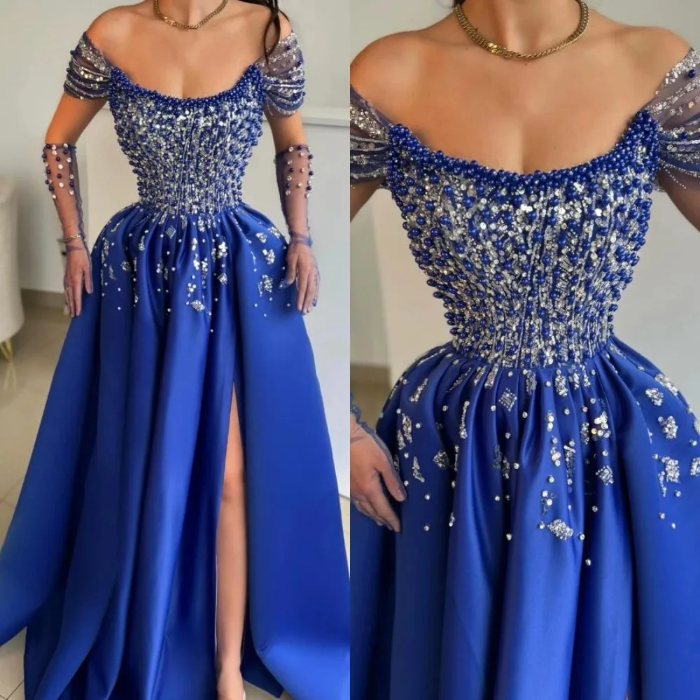 Blue Evening Dress A-Line Off Shoulder Sequins Beading Formal Gown Pleats Split Night Dress robe de bal for Women Customized
Blue Evening Dress A-Line Off Shoulder Sequins Beading Formal Gown Pleats Split Night Dress robe de bal for Women Customized