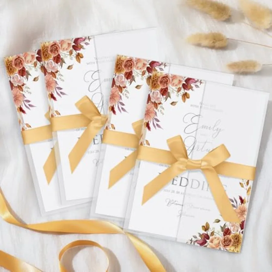 100 Pcs Pre Folded Vellum Jackets for 5x7 Invitations with Ribbons Bulk Burnt Orange Fall Flowers Vellum Paper 5x7, 130gsm Tran
100 Pcs Pre Folded Vellum Jackets for 5x7 Invitations with Ribbons Bulk Burnt Orange Fall Flowers Vellum Paper 5x7, 130gsm Tran
