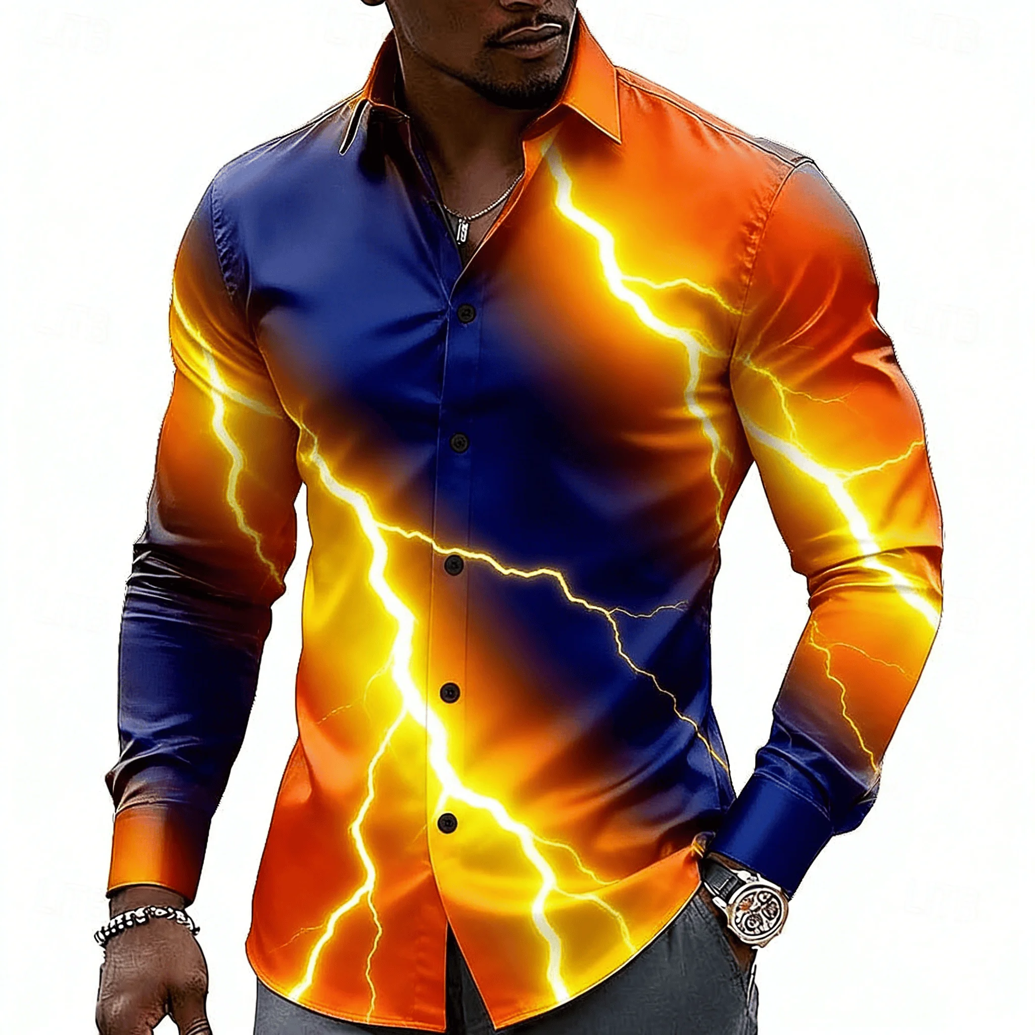 Men's Thunder Lightning Gradient Print Lapel Shirt, Spring Summer Bold Casual Top, Fiery Storm Design
Men's Thunder Lightning Gradient Print Lapel Shirt, Spring Summer Bold Casual Top, Fiery Storm Design