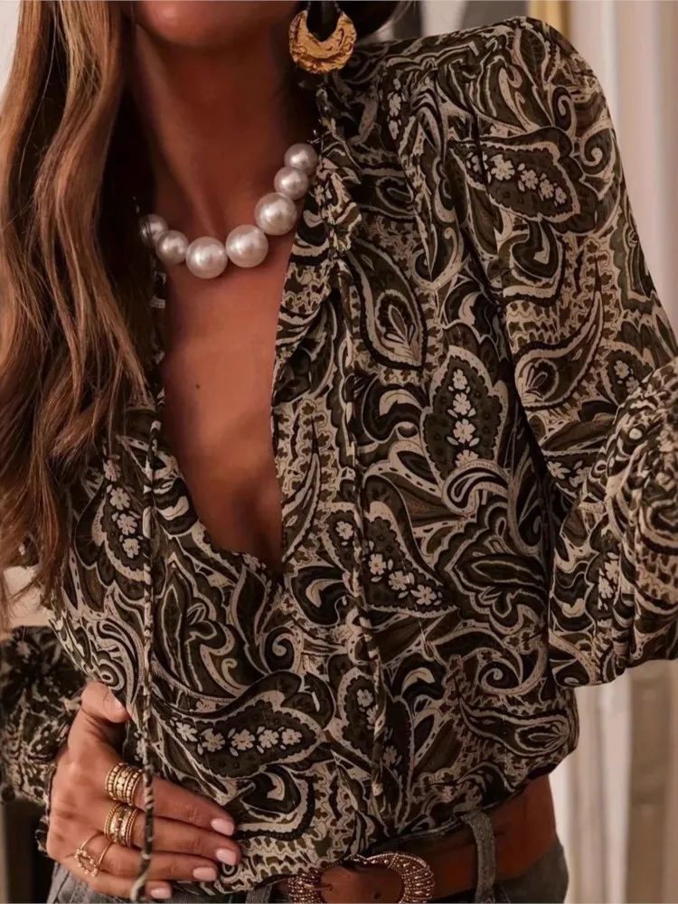 Vintage Print Shirt For Women Fashion Long Sleeve V Neck Ruffles Lace-up Shirts Tops Casual Holiday Women's Clothing Spring New
Vintage Print Shirt For Women Fashion Long Sleeve V Neck Ruffles Lace-up Shirts Tops Casual Holiday Women's Clothing Spring New