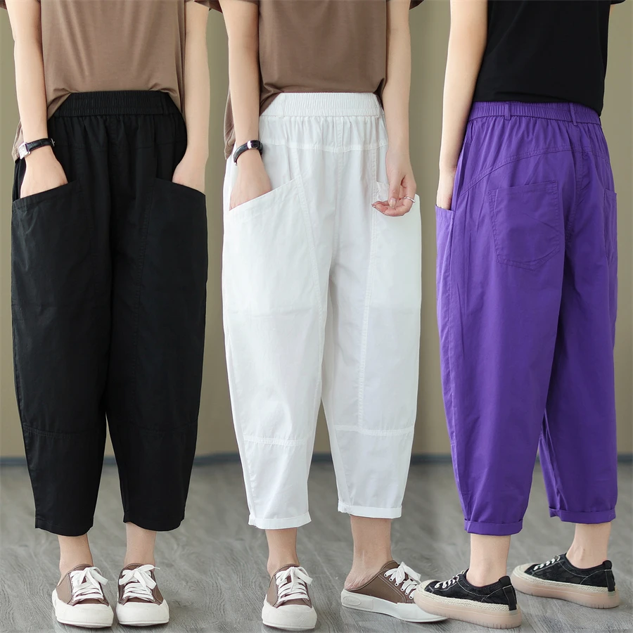 645 New Summer Fashion Vintage Harem Pants Loose Big Pockets Elastic High Waist Solid Color Cropped Casual Trousers For Women
645 New Summer Fashion Vintage Harem Pants Loose Big Pockets Elastic High Waist Solid Color Cropped Casual Trousers For Women