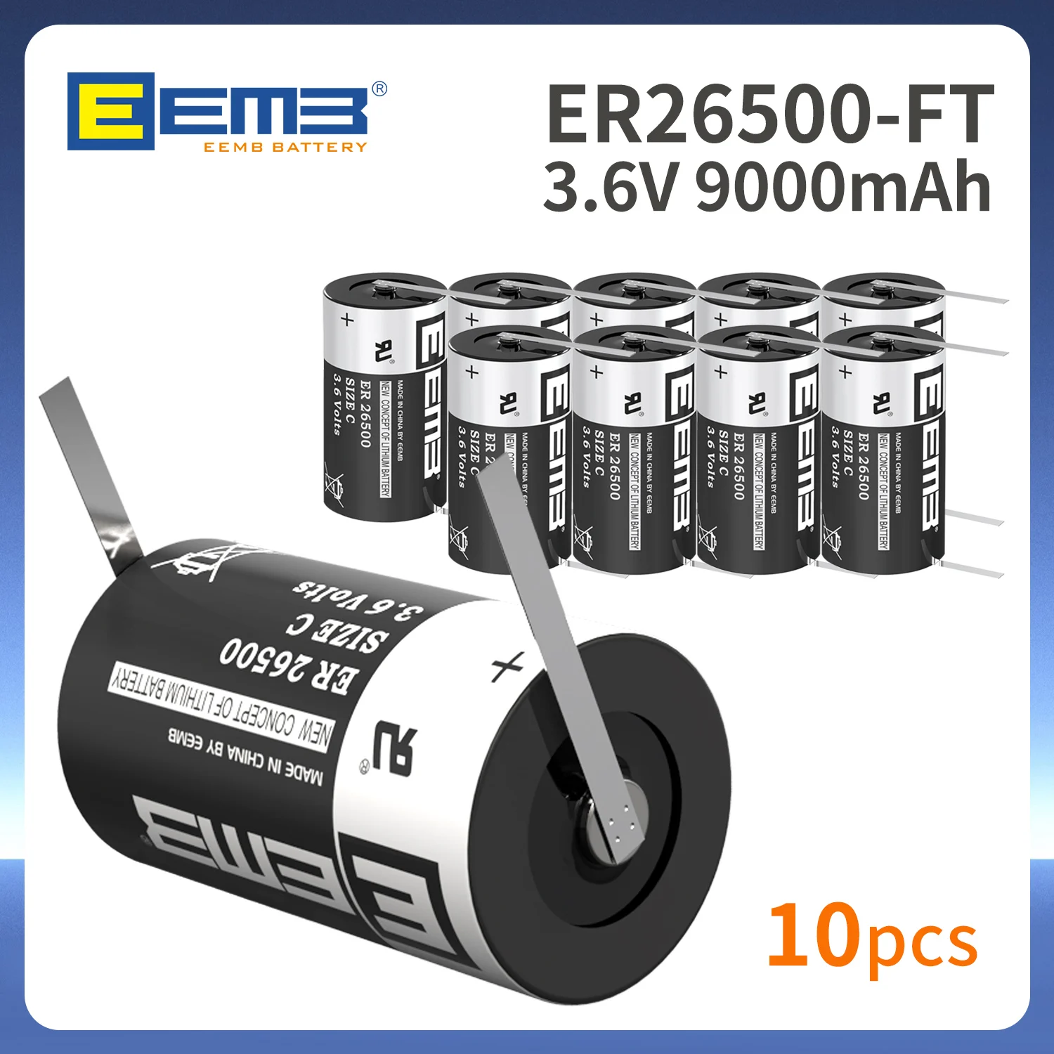 10PCS EEMB 3.6V C size Lithium Battery 9000mAh ERbattery26500-FT With solder pads Non rechargeable
10PCS EEMB 3.6V C size Lithium Battery 9000mAh ERbattery26500-FT With solder pads Non rechargeable 