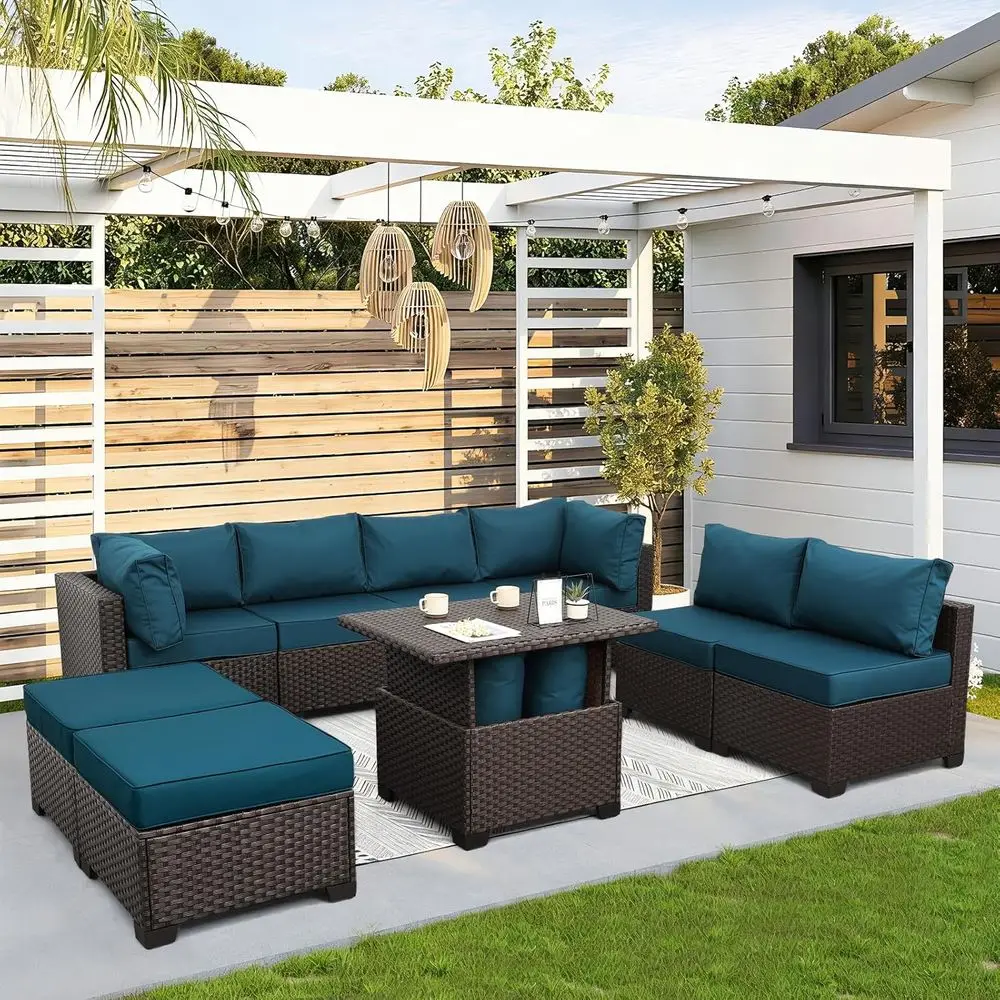 9-Piece Outdoor Wicker Patio Furniture Set with Blue Cushions and Storage Table
9-Piece Outdoor Wicker Patio Furniture Set with Blue Cushions and Storage Table