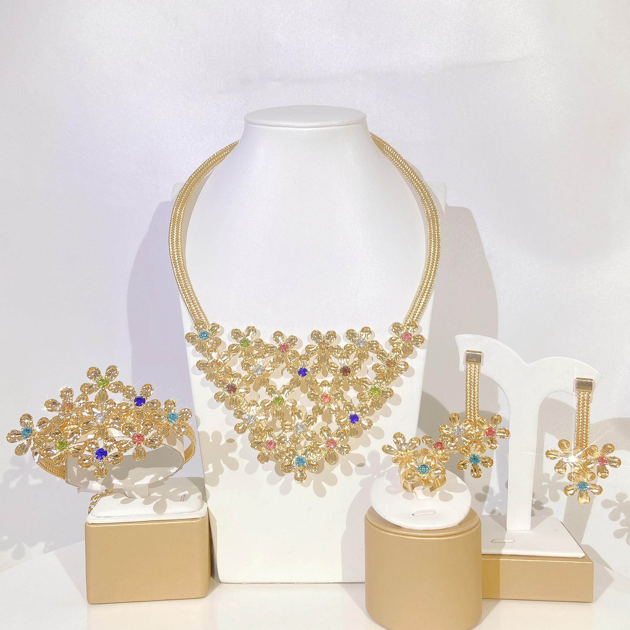 Colorful Flowers Gold Plated Women Girl Jewelry Set Necklace Earrings Bangle Ring Wholesale Gift
Colorful Flowers Gold Plated Women Girl Jewelry Set Necklace Earrings Bangle Ring Wholesale Gift